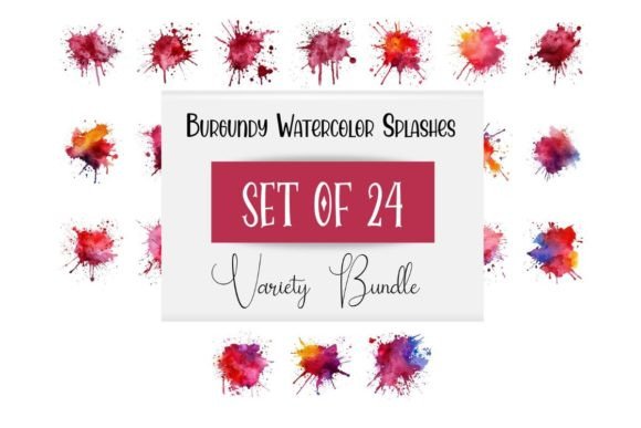 24 Burgundy Watercolor Splashes Bundle