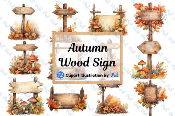 Autumn Wood Sign Clipart Watercolor for Designers