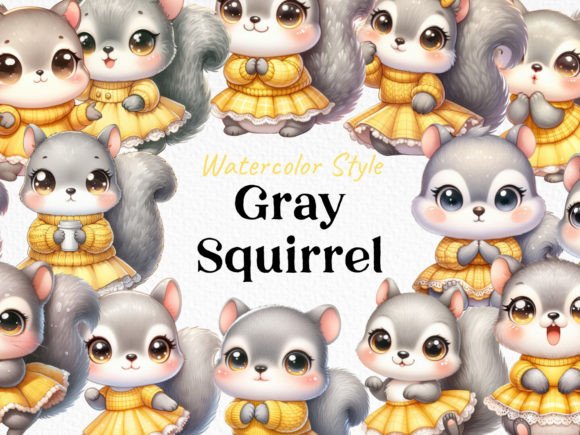 Bundle Watercolor Cute Gray Squirrel PNG for Creative Projects