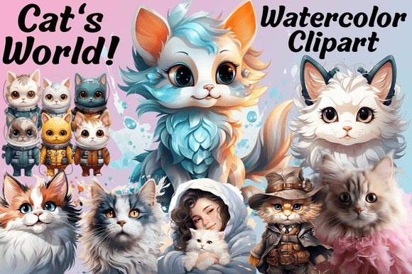 Cat's World Watercolor Clipart: Whimsical Cat Art