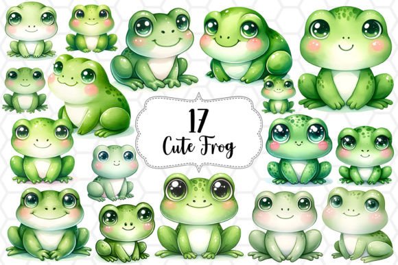 Cute Frog Watercolor Clipart Bundle