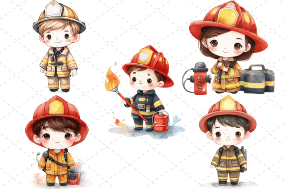 Cute Kid Firefighters Watercolor Bundle