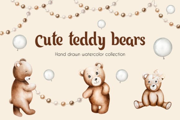 Cute Teddy Bears Watercolor Clip Art