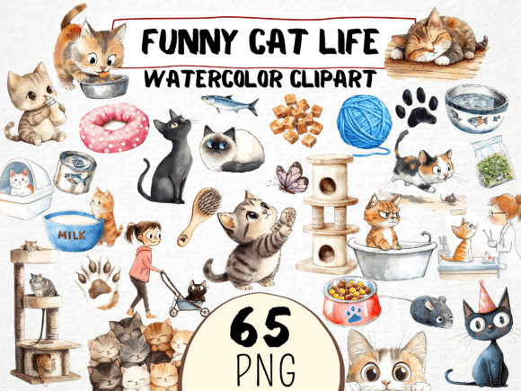 Funny Cat Life Watercolor Clipart 65 PNG for Creative Projects