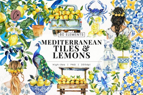 Mediterranean Watercolor Clipart: 80 Hand-Painted Design Assets