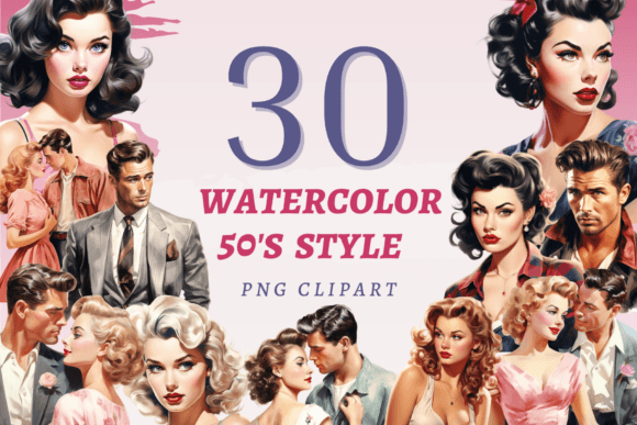 Watercolor 50s Style PNG Bundle for Creative Projects