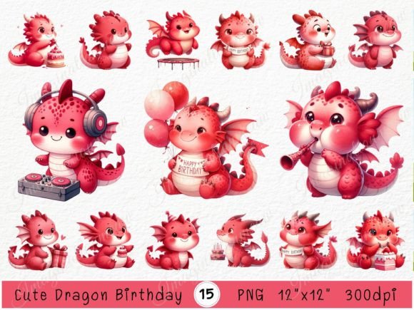 Watercolor Birthday Dragons Clipart for Creative Projects