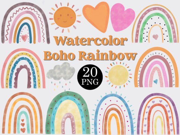 Watercolor Boho Rainbow Clipart Set