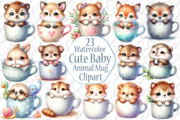 Watercolor Cute Baby Animal Mug Clipart