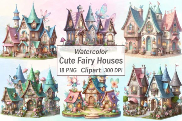Watercolor Cute Fairy Houses Clipart for Enchanting Design