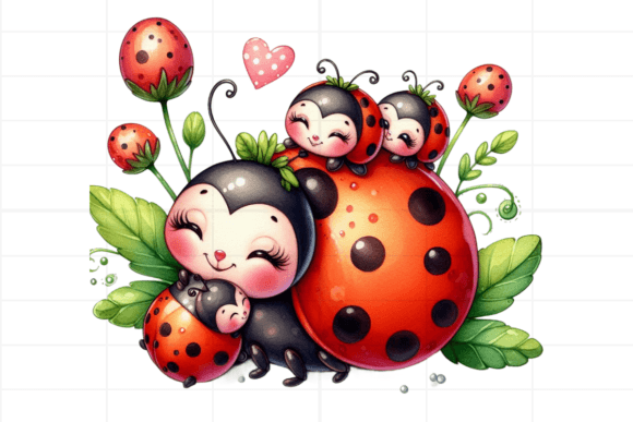 Watercolor Cute Ladybugs with the Babies