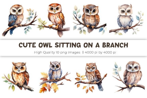 Watercolor Cute Owl Sitting on a Branch