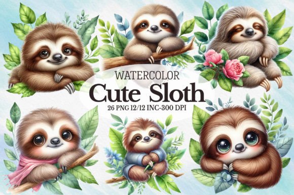 Watercolor Cute Sloths Clipart for Branding & Design