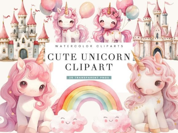 Watercolor Cute Unicorn Clipart Bundle