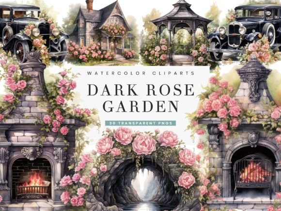 Watercolor Dark Rose Garden Clipart for Elegant Branding and Design