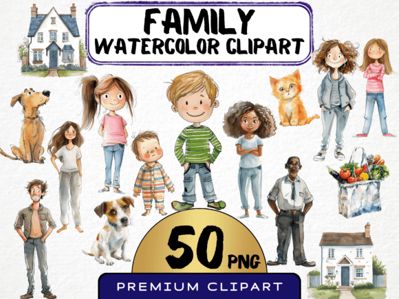 Watercolor Family Clipart Bundle 50 PNG