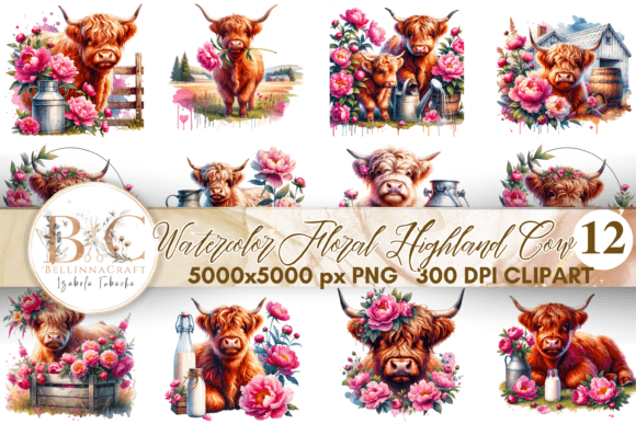 Watercolor Floral Highland Cow Clipart for Branding and Creative Projects