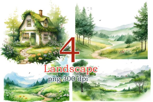 Watercolor Landscape Clipart PNG Bundle for Creatives
