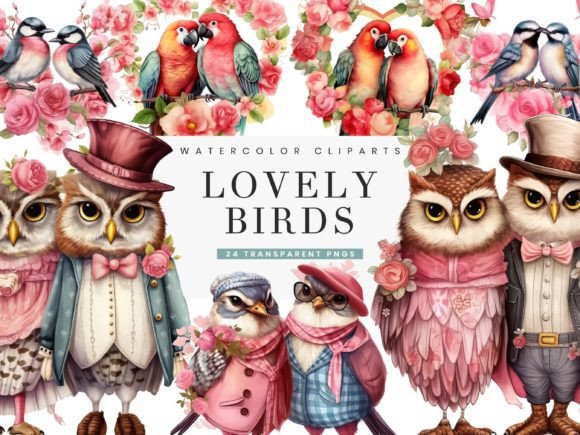 Watercolor Lovely Birds Clipart Bundle