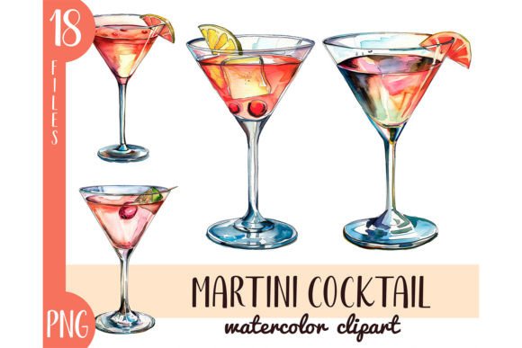 Watercolor Martini Cocktails Clipart PNG for Design Projects
