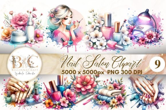 Watercolor Nail Salon Clipart: Soft Artistic Design Assets