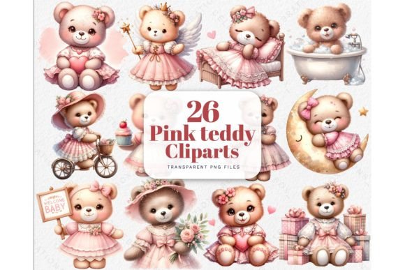 Watercolor Pink Love Teddy Bear Cliparts for Charming Designs
