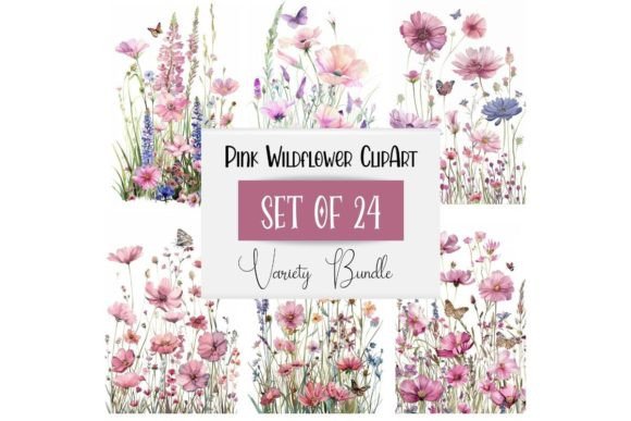Watercolor Pink Wildflower Clipart Set