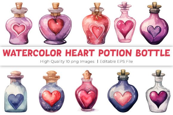 Watercolor Potion Heart Bottle Clipart in Modern Design