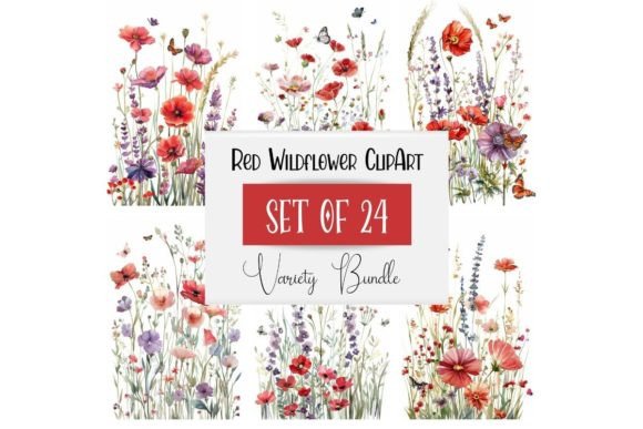 Watercolor Red Wildflower Clipart Set for Designers