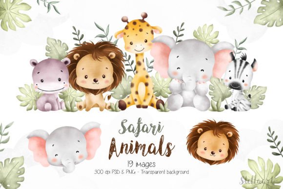 Watercolor Safari Animals and Leaves
