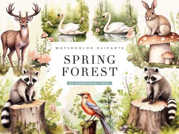 Watercolor Spring Forest Clipart Bundle for Creative Projects
