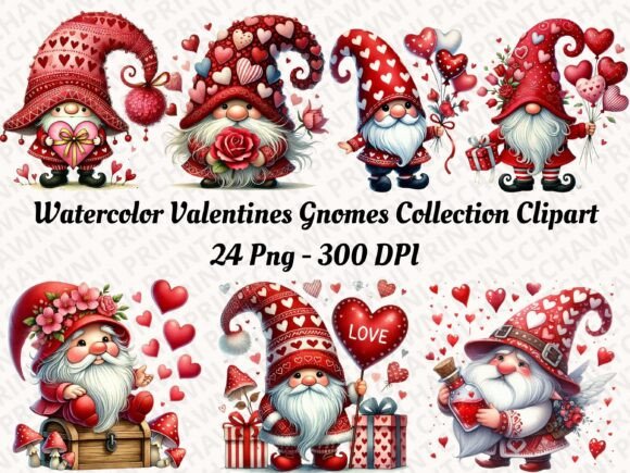 Watercolor Valentines Gnomes Clipart PNG