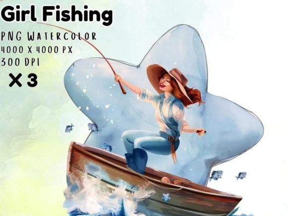 Watercolor Women Fishing on Boat Clipart